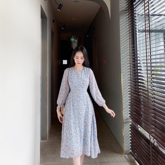 Đầm hoa Midi xanh voan 🌼
