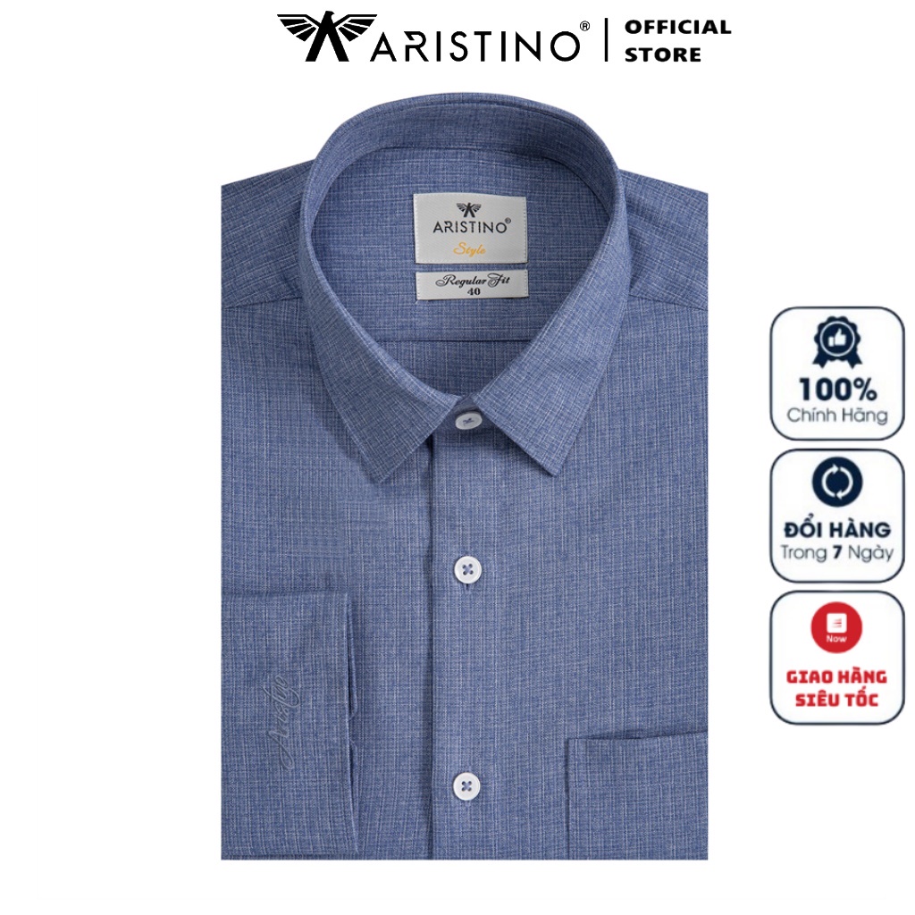 Áo Sơ Mi Nam Dài Tay ARISTINO ALS23901 Somi Công Sở Cao Cấp màu xanh sược trắng vải sợi sồi dáng suông tà lượn có túi