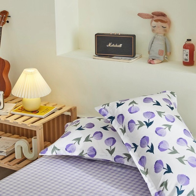 Set Chăn Ga Hoa Tuy Líp Tím Ga Kẻ Caro Cotton Poly Nhẹ Nhàng Mềm Mại Siêu Xinh (Shinbedding.shop)