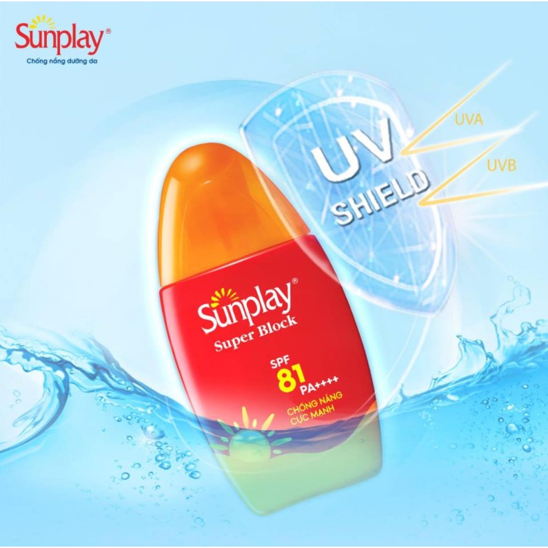 SPF 81, PA++++ Kem sữa chống nắng cực mạnh mặt và toàn thân, kháng nước tốt, không chứa cồn, Sunplay Super Block, 30g