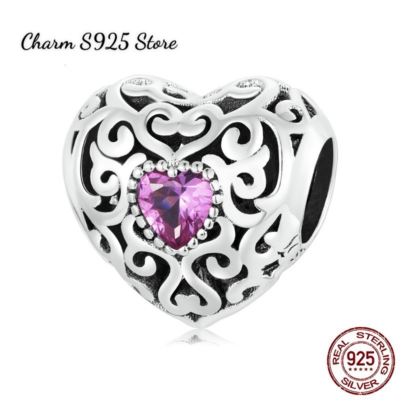 CHARM XỎ NGANG HOẠ TIẾT TIM ĐÍNH ĐÁ BẠC S925 CAO CẤP HÀNG CHÍNH HÃNG