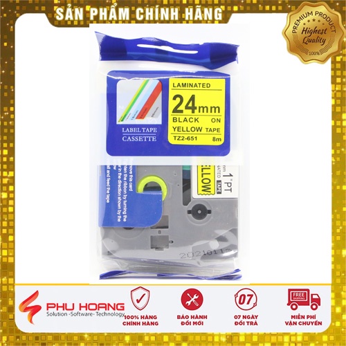 Nhãn in TZ2-651, Khổ rộng 24mm, chữ đen nền vàng , bám dính cao
