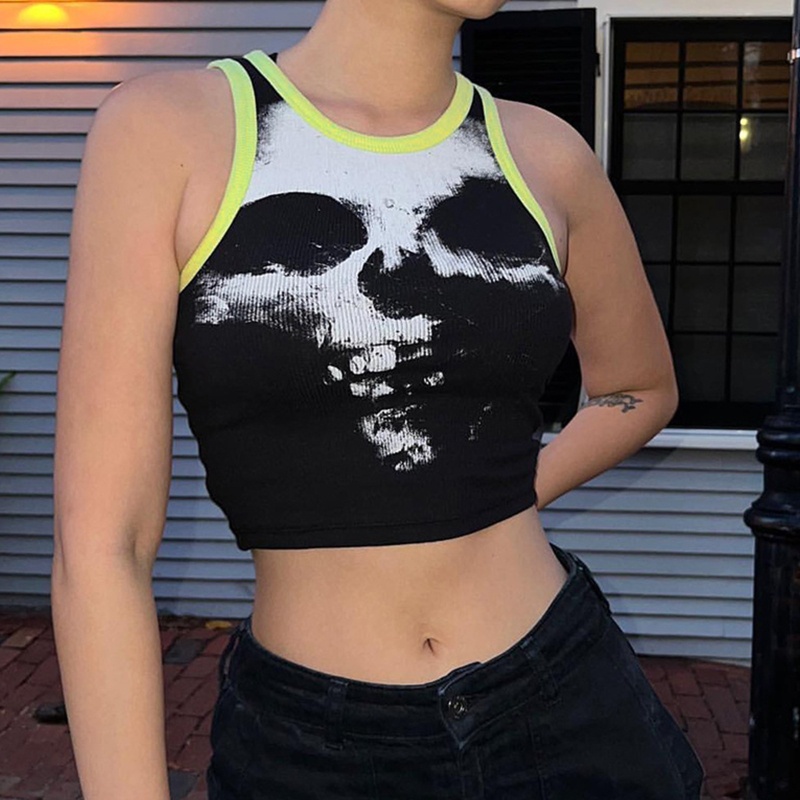 Brroa Áo Croptop Sát Nách In Hình Đầu Lâu Phối Màu Tương Phản Cá Tính Cho Nữ