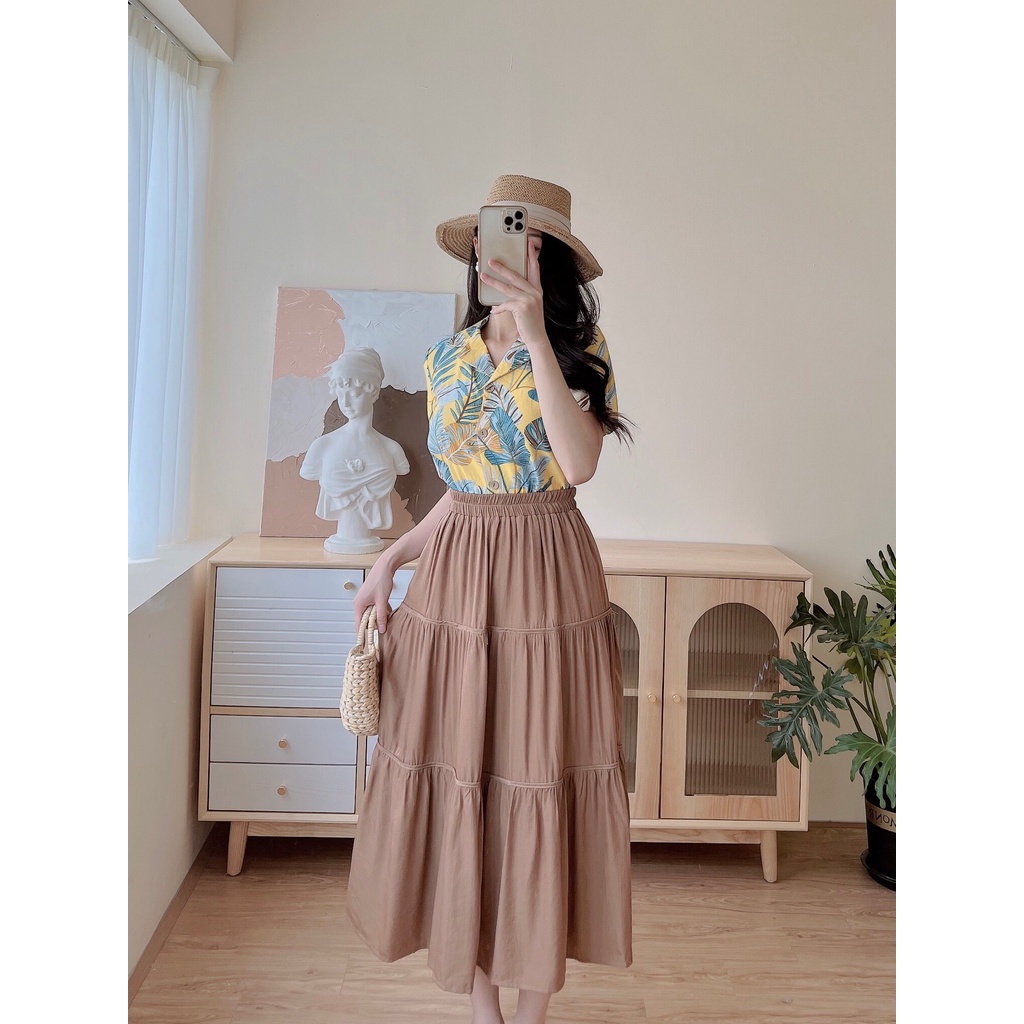 Chân váy cạp chun dài vải tằm xước co giãn mix áo phông áo sơ mi croptop siêu đẹp EvaLover