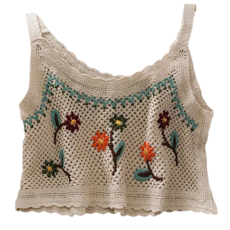 Áo Croptop Dệt Kim Hai Dây Thêu Họa Tiết Hoa Phong Cách Vintage