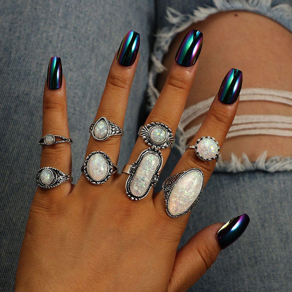 Set 8 Nhẫn Opal Hợp Kim Cho Nữ|Bông Tai Trong Suốt Chạm Khắc Phong Cách Bohemian