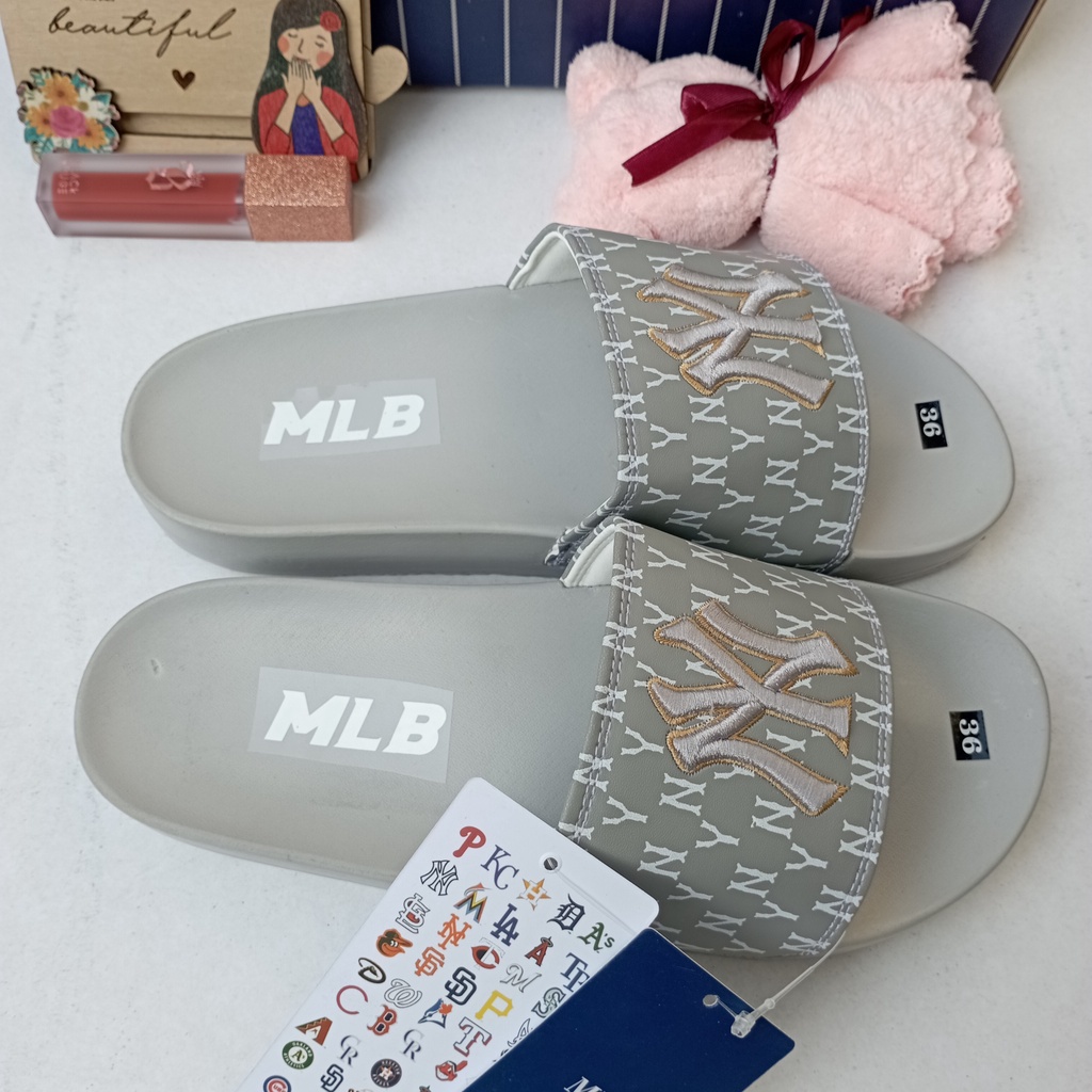 [FREESHIP + Tặng hộp] Dép Unisex MLB NY XÁM Chữ Thêu Nổi Êm Chân  Dép NY Quai Ngang Nam Nữ