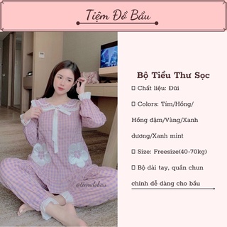 Bộ bầu dài tay tiểu thư kẻ sọc caro mùa thu thời trang Pijama