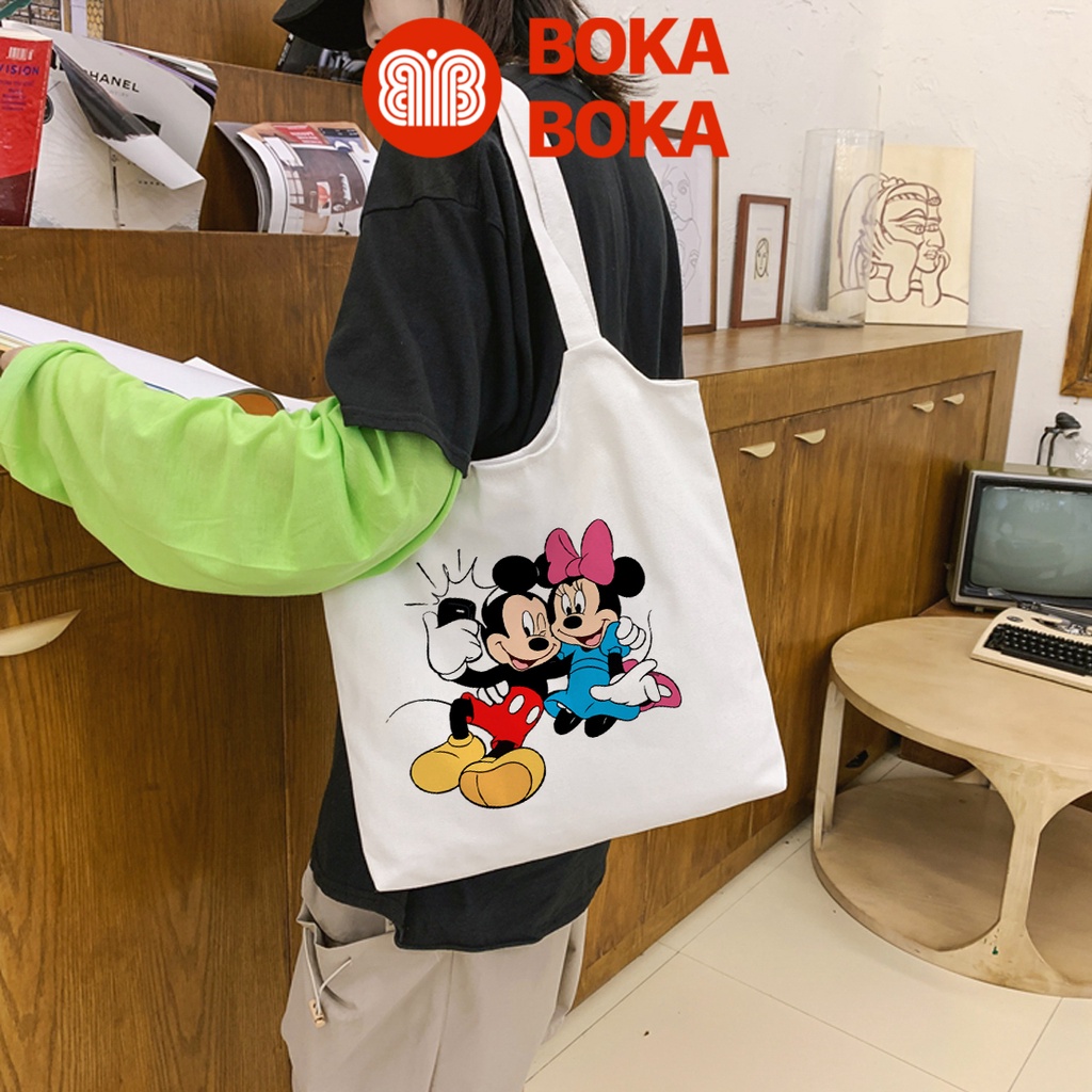 Túi Tote Vải Canvas Quai Tròn Hình Mickey &amp; Friends Có Khóa Miệng Túi