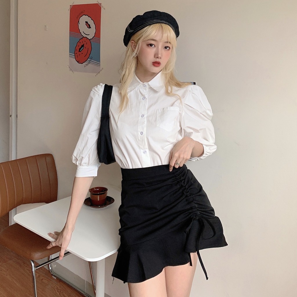 Chân váy ngắn, dáng chữ A dây rút  Chân váy ulzzang Hàn Quốc  Chân váy trắng, chân váy đen - ZaZi CV08