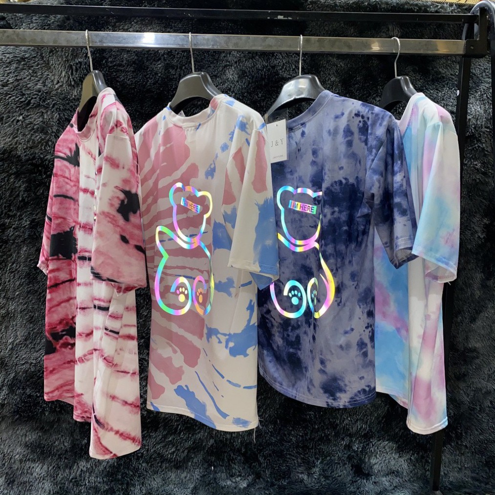 Áo thun loang in phản quang 7 màu hình gấu chất cotton xịn ,from rộng unisex cổ tròn