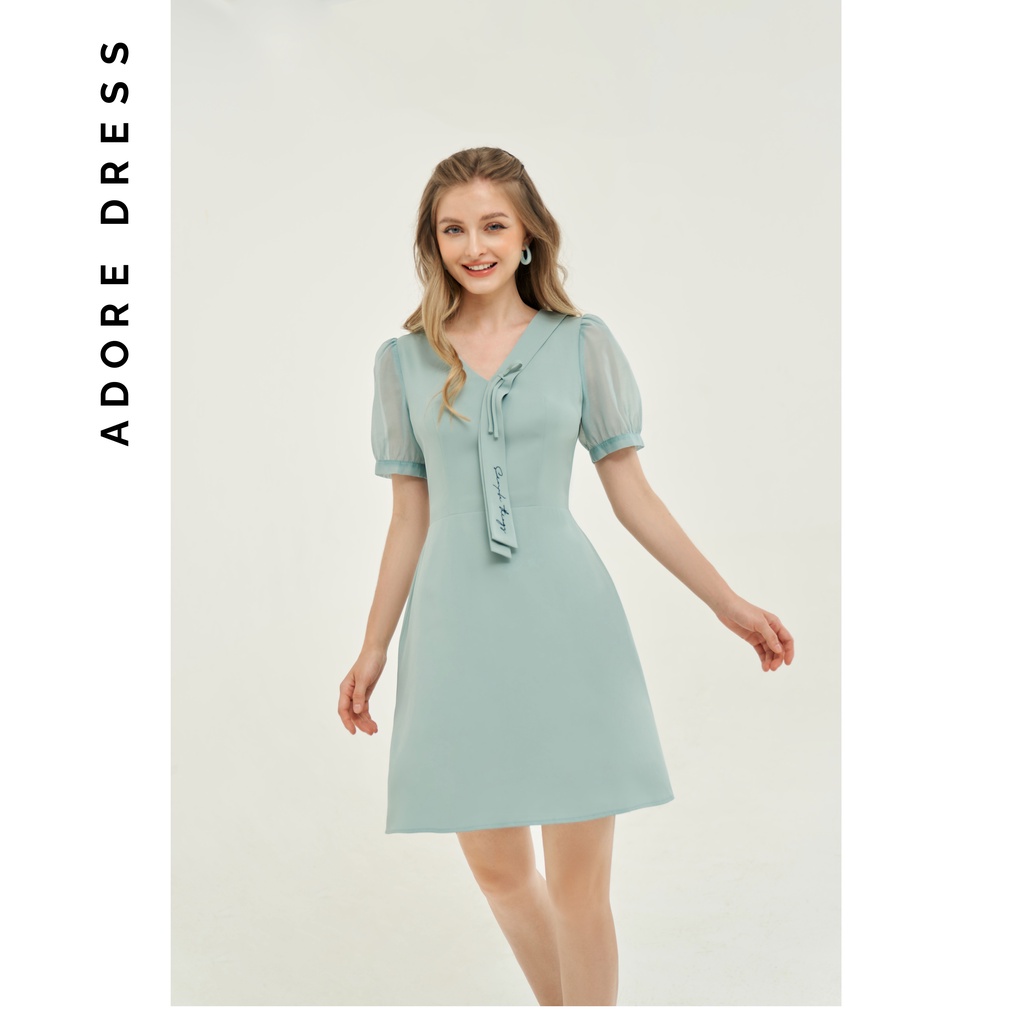 Đầm mini xanh mint kẹp dải thêu quote phối tay voan 2VA1070 ADORE DRESS