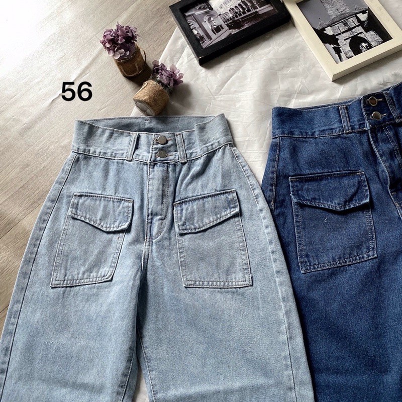 Quần baggy jean nữ lưng cao túi nắp kiểu 2 màu hàng VNXK Ms56