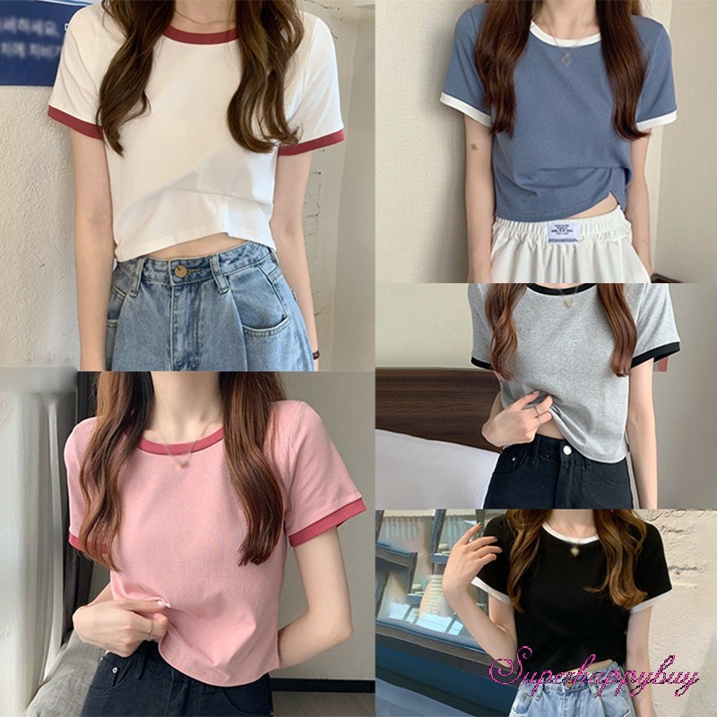 Áo Thun Ngắn Tay Cổ Tròn Màu Sắc Tương Phản Thời Trang Xuân Hè Cho Nữ