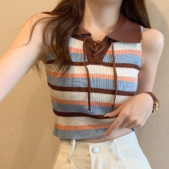 Áo Thun Dệt Kim Hai Dây Họa Tiết Kẻ Sọc Màu Sắc Tương Phản Phong Cách Retro Dành Cho Nữ