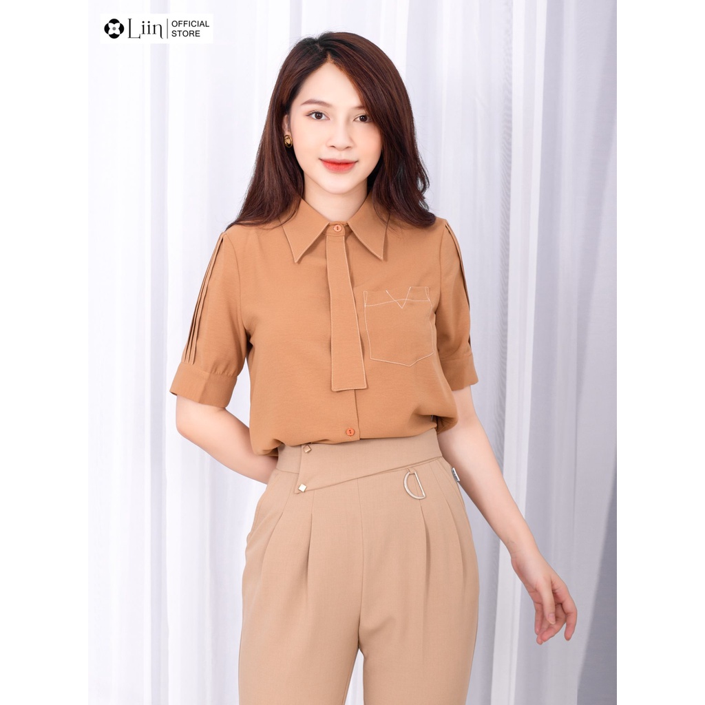 Áo sơ mi Linbi Cộc tay màu Nâu thiết kế kèm Cavat trẻ trung, hiện đại liin clothing SM3561