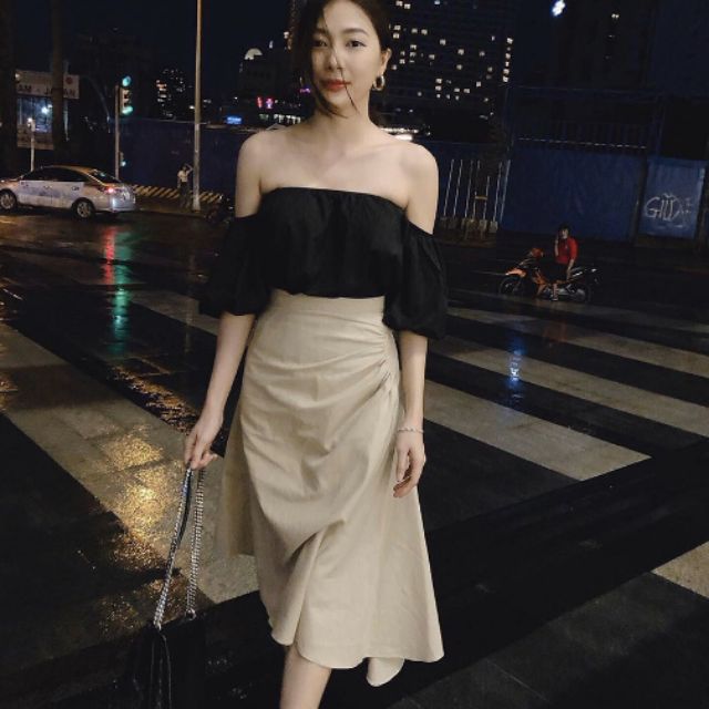 Set áo rớt vai + chân váy midi