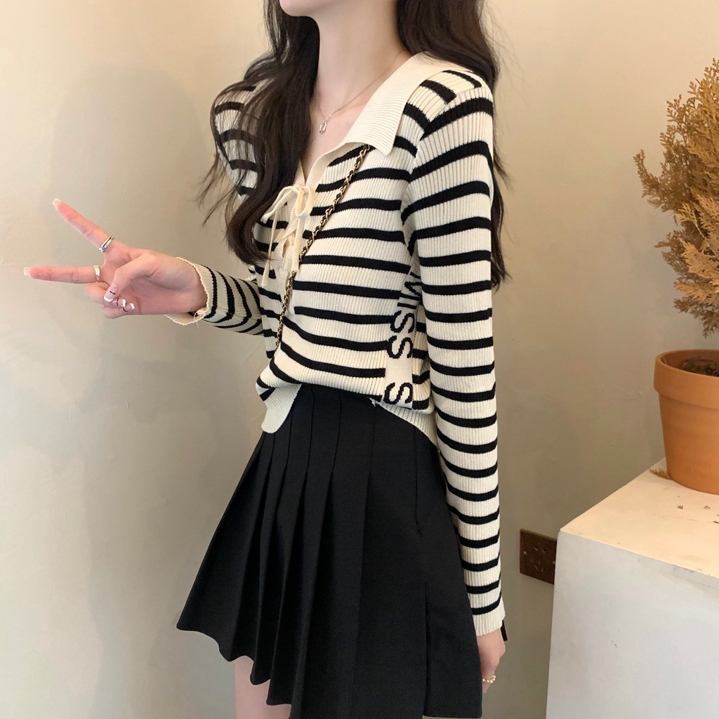 ZHELIHANGFEI Áo Len POLO Tay Dài Thắt Dây Form Ôm Họa Tiết Kẻ Sọc Dễ Phối Đồ