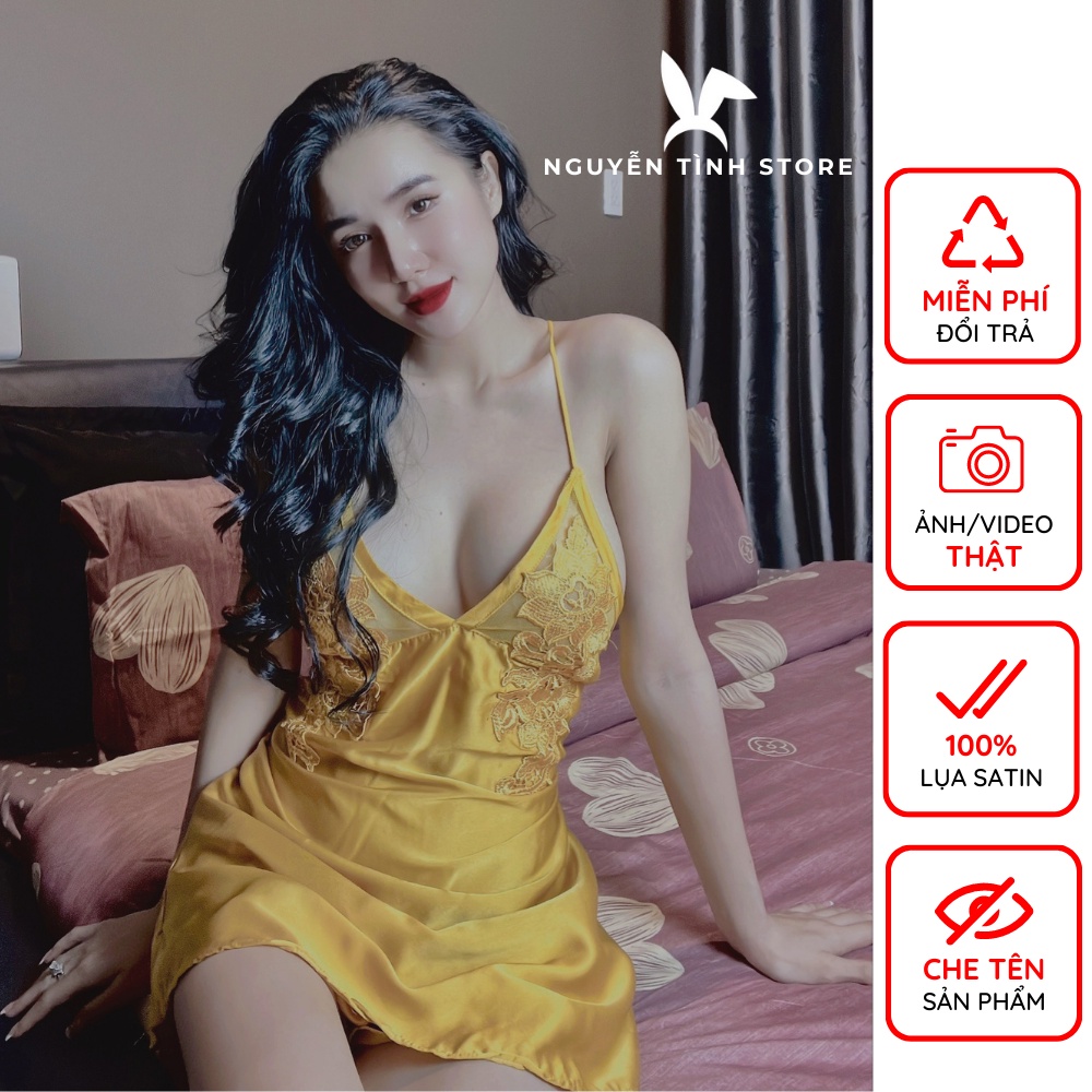 Váy ngủ lụa 2 dây sexy gợi cảm Nguyễn Tình Store phối ren quyến rũ mềm mại Freesize