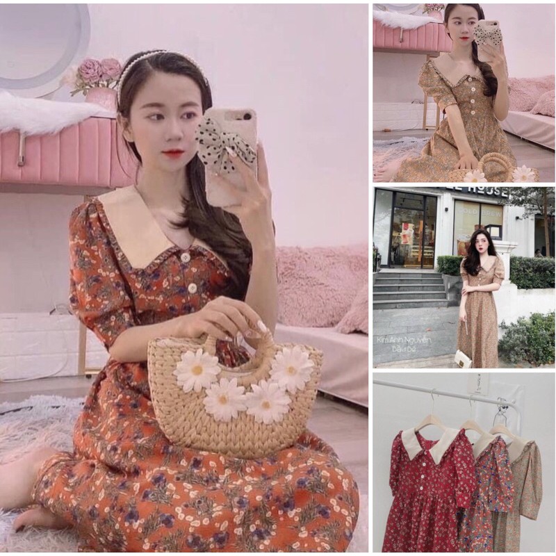 Đầm Hoa Nhí Cổ Sen Dáng Dài 2 Lớp