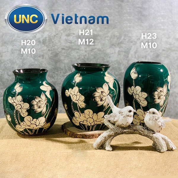 Lọ Hoa Sứ UNC Việt Nam - Men lục bảo cao cấp, họa tiết hoa sen, kiểu dáng sang trọng phong cách Châu Âu, nhiều size