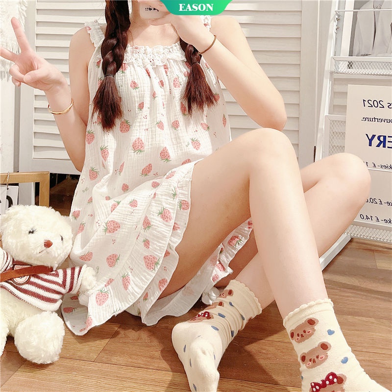 Bộ Đồ Ngủ Hai Dây Sát Nách Vải Cotton Mỏng Dáng Rộng In Hình Dâu Tây Kiểu Nhật Bản Thời Trang Mùa Hè