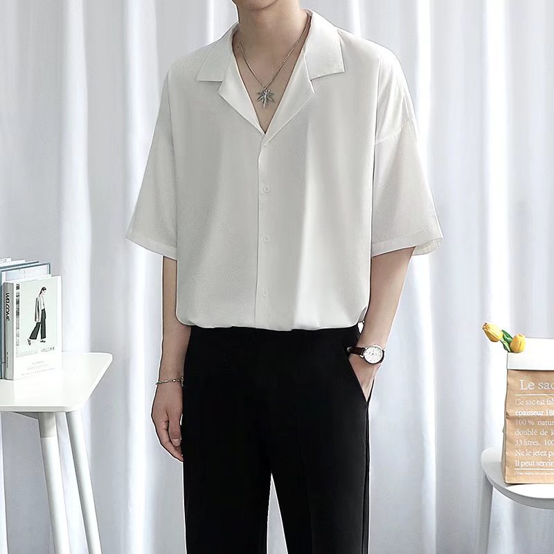 Áo Sơ Mi Trắng Tay Ngắn Dáng Rộng Phong Cách Hàn Quốc Thời Trang Mùa Hè Cho Nam Size M-2XL