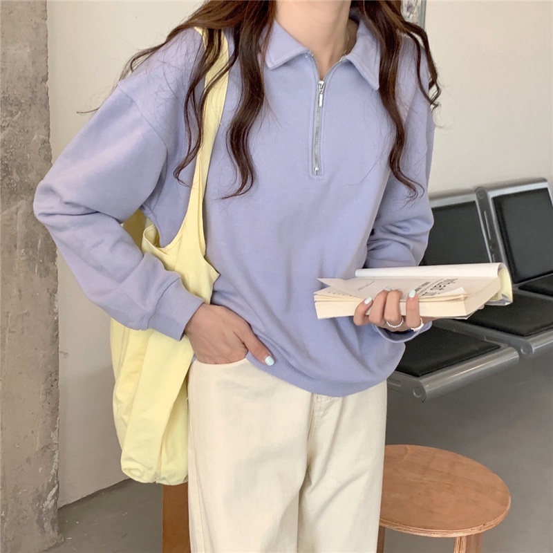 Áo kiểu tay dài cổ polo dáng rộng phong cách đơn giản trẻ trung