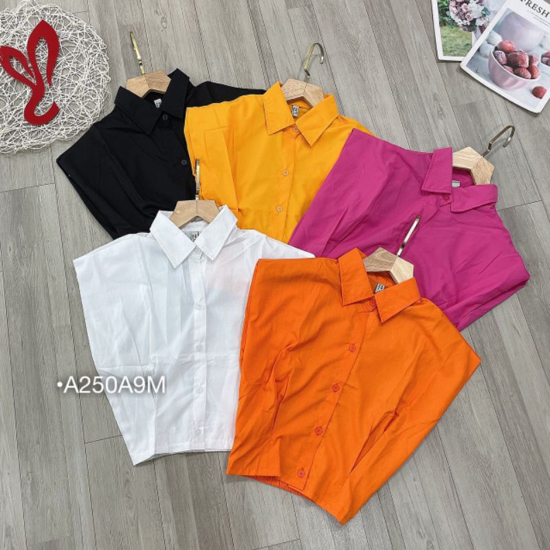 Áo Sơ Mi Nữ Cộc Tay Dáng Lửng Chiết Ly Eo Kate Thô Trơn Nhiều Màu Phong Cách Hàn