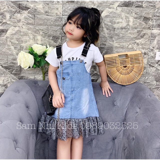 Set yếm jean kèm áo siêu cute bé gái