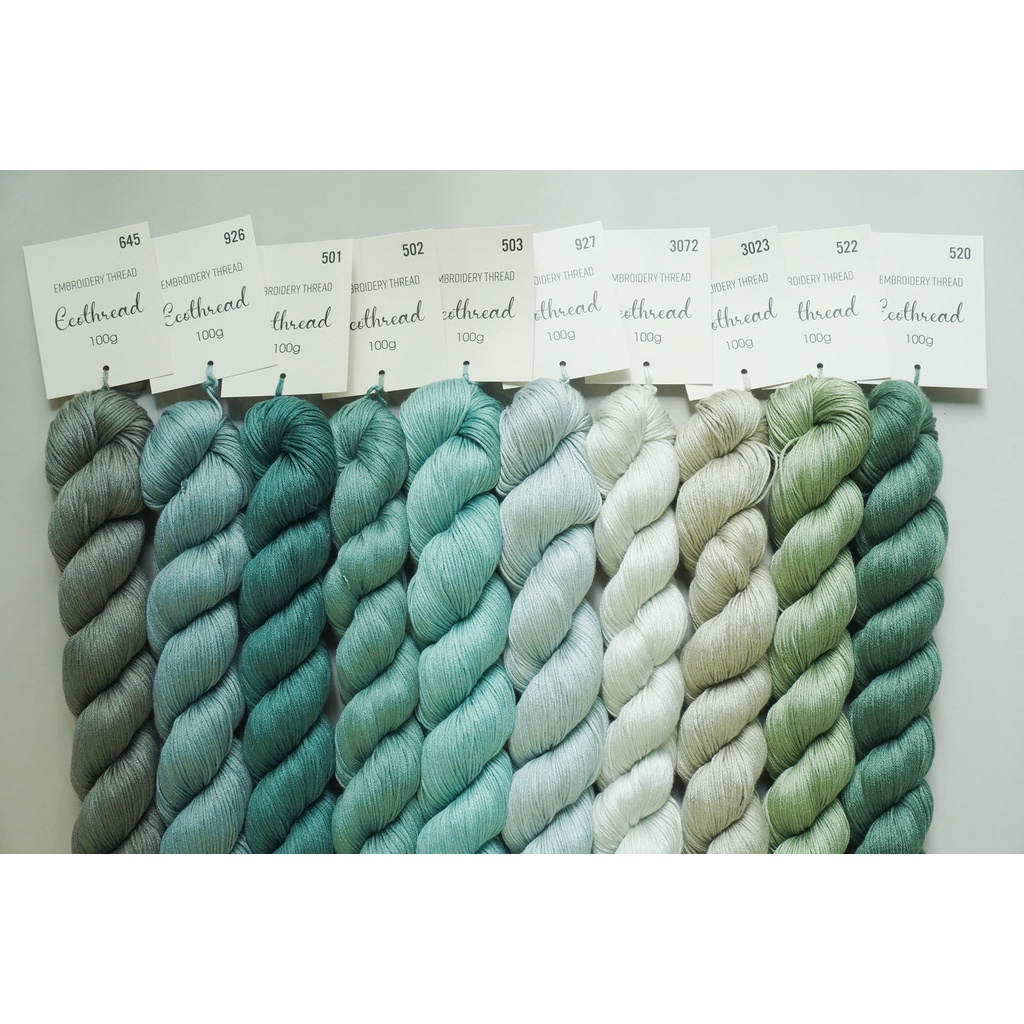 [Bảng 2/6] Chỉ thêu Eco-thread Tiệm tạp hóa nhà May nhuộm sinh học (giá 1 bó 100g) bảng màu xanh rêu - xanh ngọc