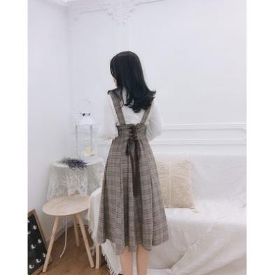 Váy kẻ caro 2 mảnh Hồng Kong Phương Tây mảnh dẻ thanh lịch phóng viên công sở chụp ảnh Ullzang thắt dây bó eo .