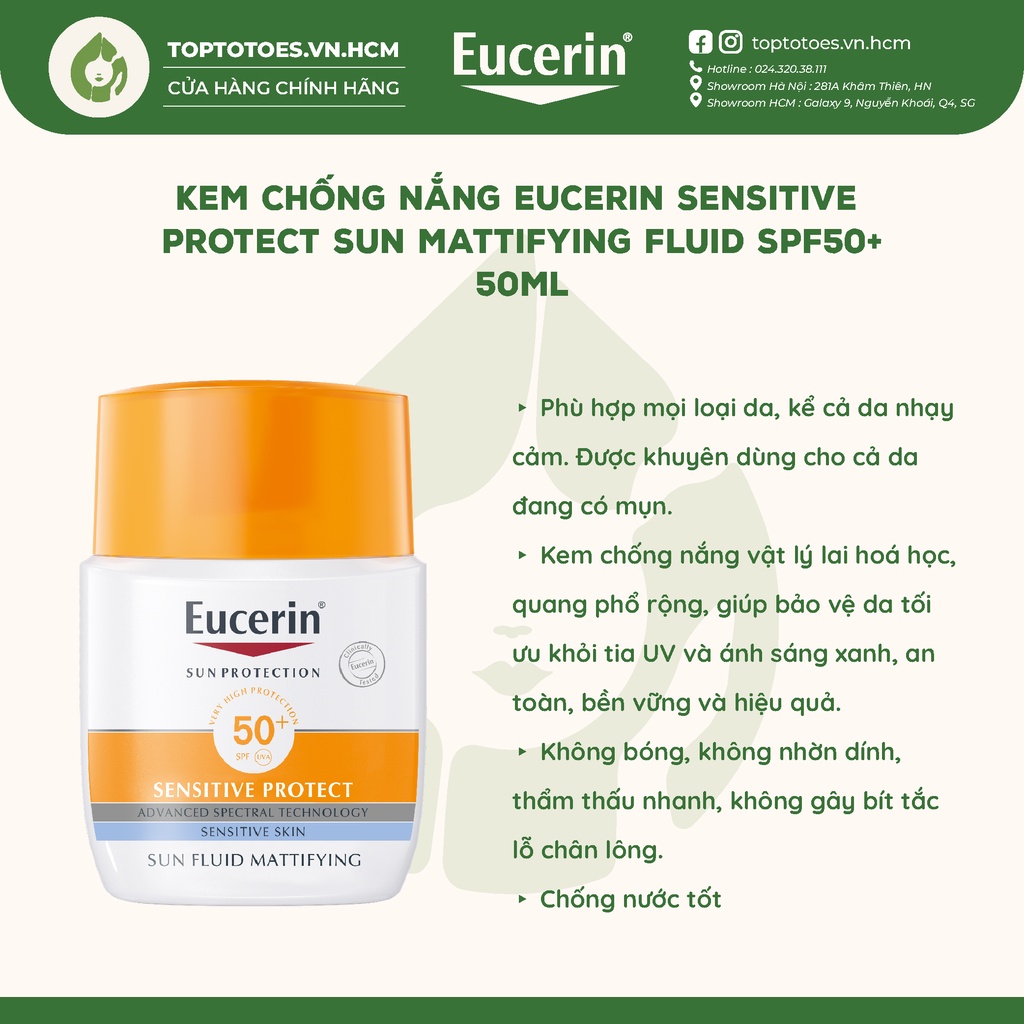 Kem chống nắng cho da nhạy cảm Eucerin Sensitive Protect Sun Mattifying Fluid SPF50+ - 50ml
