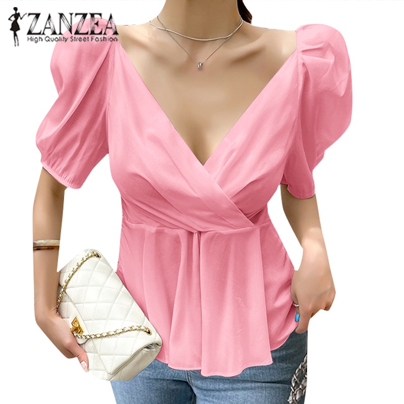 Áo kiểu ZANZEA tay phồng cổ chữ V thời trang Hàn Quốc cho nữ