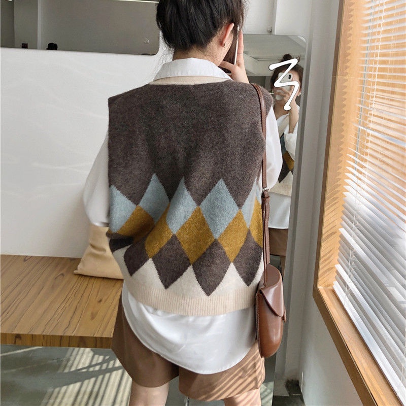 Áo khoác cardigan cổ chữ V dáng rộng họa tiết kim cương phong cách Hàn Quốc thời trang cho nữ