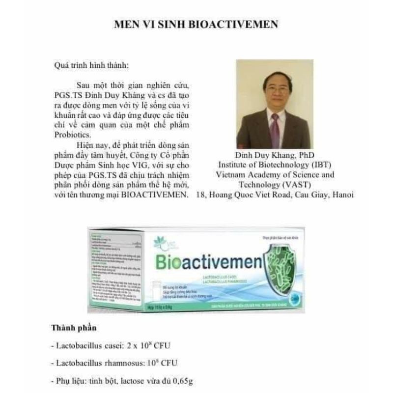 Men vi sinh Bioactivemen _ Ổn định tiêu hóa, giảm táo bón, tiêu chảy, rối loạn tiêu hóa [Viện hàn lâm KH$ CN VN]