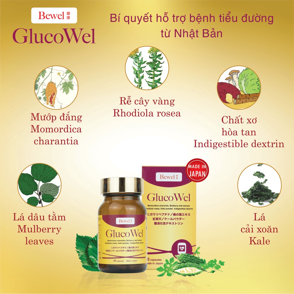 Viên Uống Tiểu Đường Bewel GlucoWel Giúp Hỗ Trợ Bệnh Lý Tiểu Đường, Kiểm Soát Lượng Đường Trong Máu (Hộp 45 Viên)