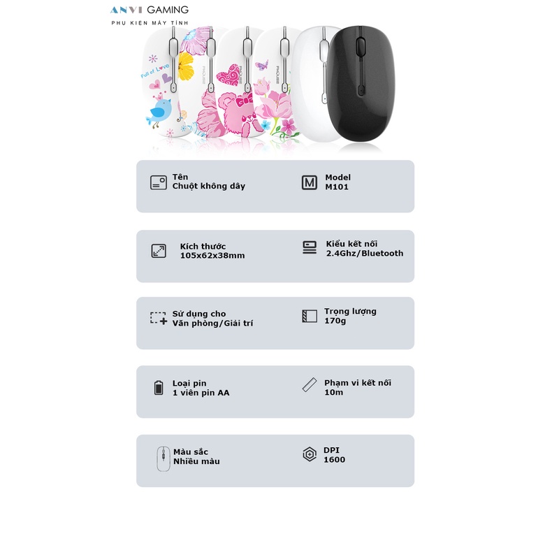 Chuột không dây có Bluetooth FMouse M101 – Chuột máy tính Bluetooth chống ồn thiết kế thời trang - HÀNG CHÍNH HÃNG
