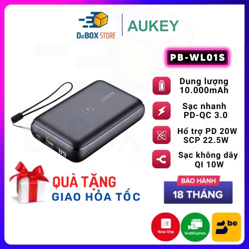 【Giao Hỏa Tốc】Pin Sạc Dự Phòng Không Dây AUKEY PB-WL01S Basix Pro Mini 10000mAh Wireless 10W, PD 3.0 20W &amp; QC 3.0 18W