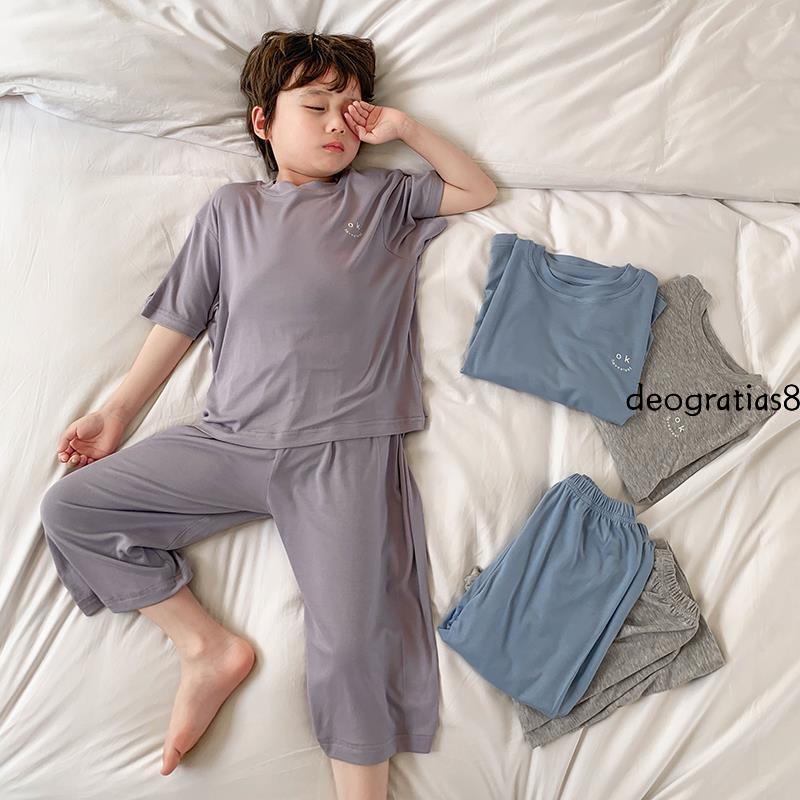 Bộ Đồ Ngủ Bằng Cotton Màu Trơn Thời Trang Mùa Hè Cho Bé Trai