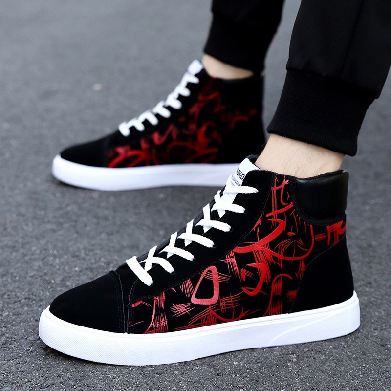 Giày cổ cao nam da lộn họa tiết 2 màu đen trắng và đen đỏ thời trang | BigBuy360 - bigbuy360.vn