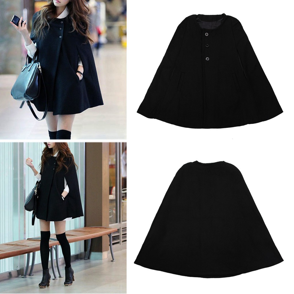 Áo Choàng Poncho Len Cánh Dơi Màu Đen Cho Nữ