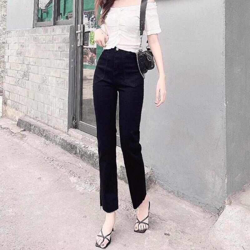 Quần bò jean nữ cạp cao ống đứng rộng suông loe co giãn vải Quảng Châu chuẩn đẹp dầy dặn mặc không bai