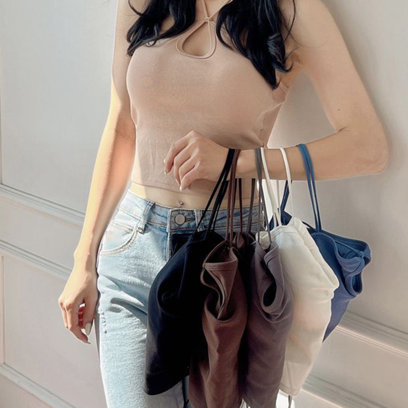 Brroa Áo Crop Top Hai Dây Cotton Cơ Bản Với Đệm Ngực Khoét Lỗ Khóa Chéo Màu Trơn Gợi Cảm Cho Nữ