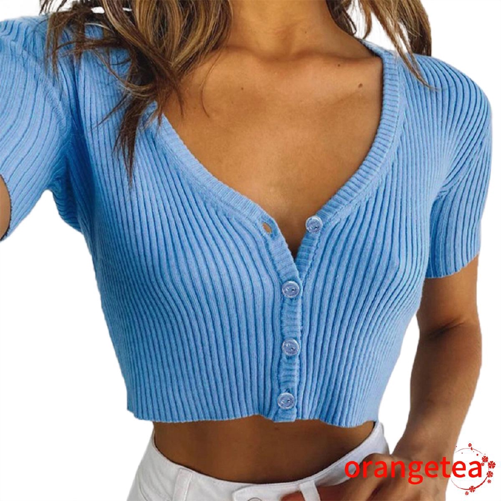 Áo Croptop Dệt Kim Tay Ngắn Cổ Chữ V Màu Sắc Trẻ Trung Xinh Xắn Dành Cho Nữ