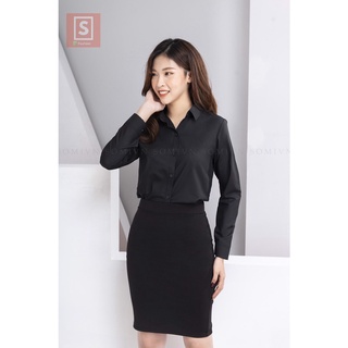 Áo Sơ Mi Nữ Đen công sở dài tay basic dáng suông, chất liệu đẹp chống nhăn