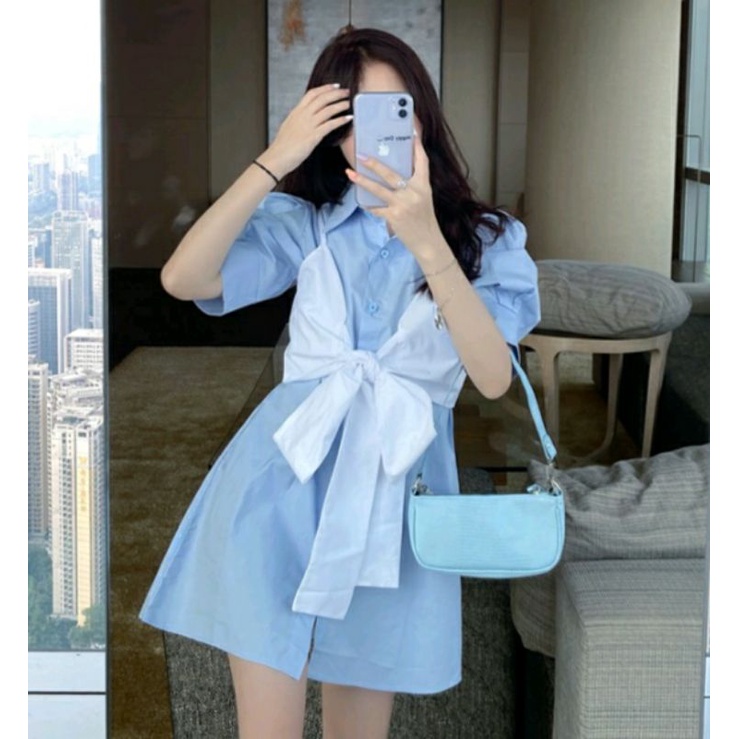 Đầm sơmi tay bồng phối nơ Ullzang