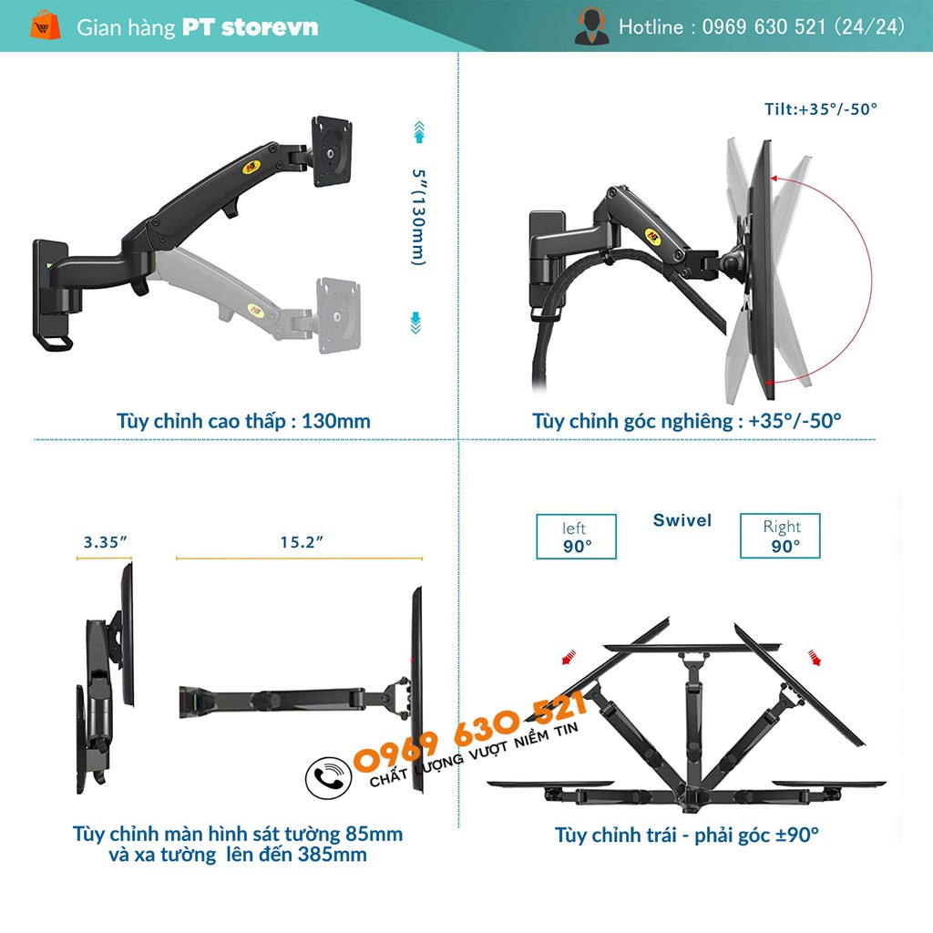 Giá Đỡ Màn Hình NB-F150 Gắn Tường 17-27inch -Tải trọng 2-7Kg - Xoay màn 360độ
