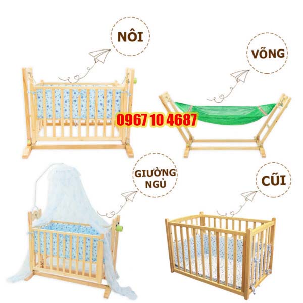 Nôi Võng Gỗ Thông Tự Động 4 Trong 1 Cho Bé VINANOI VNN301 - Vừa Làm Nôi Tự Động Vừa Làm Giường Vừa Làm Cũi, Làm Võng