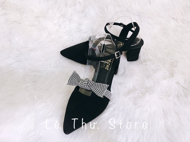 Giày cao gót 5 phân bít mũi nơ caro hở gót LT (BM020)